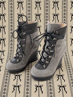 Modern Vintage Woman Gray Suede Lace Up Wedge Boots Whimsigoth Romantic EU37.5